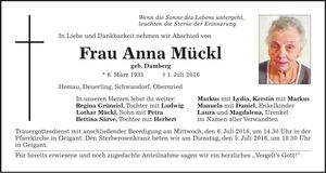 Traueranzeige Anna Mückl