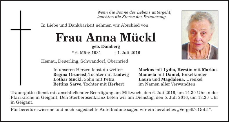 Traueranzeige Anna Mückl