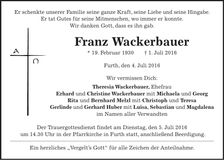 Traueranzeige Franz Wackerbauer