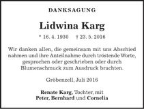 Traueranzeige Lidwina Karg