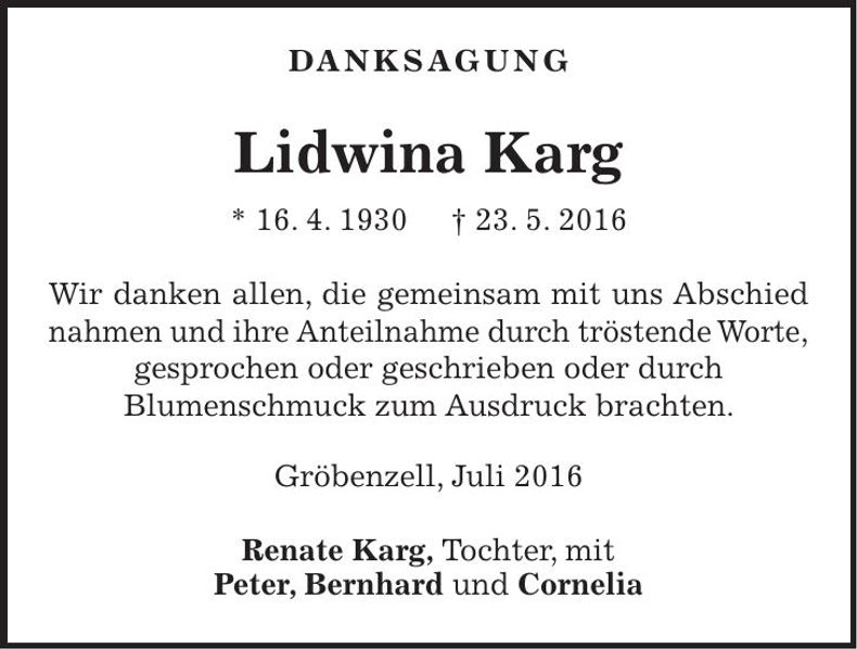 Traueranzeige Lidwina Karg
