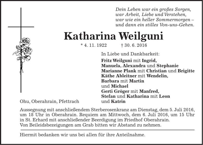 Traueranzeige Katharina Weilguni