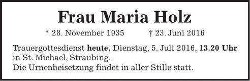 Traueranzeige Maria Holz