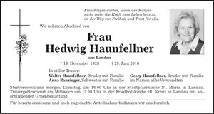 Traueranzeige Hedwig Haunfellner