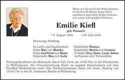 Traueranzeige Emilie Kiefl