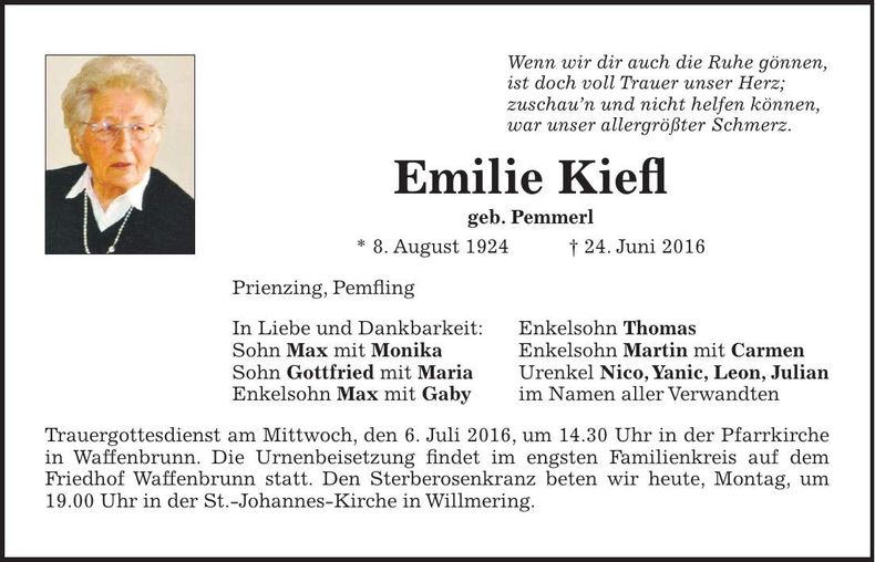 Traueranzeige Emilie Kiefl