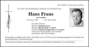 Traueranzeige Hans Fraus