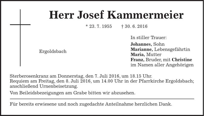 Traueranzeige Josef Kammermeier