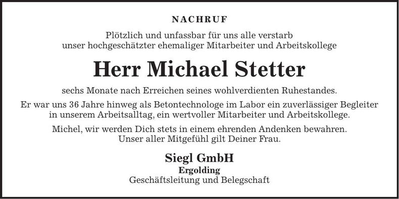 Traueranzeige Michael Stetter