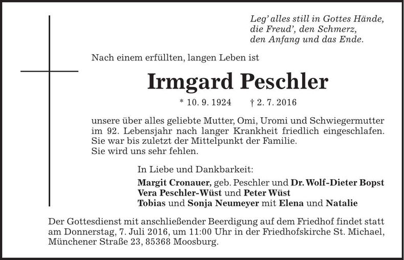 Traueranzeige Irmgard Peschler