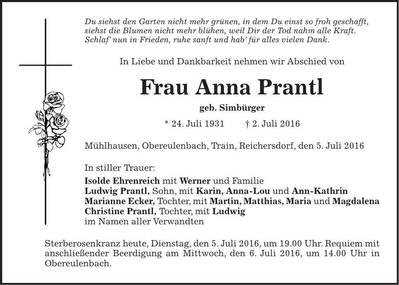 Traueranzeige Anna Prantl