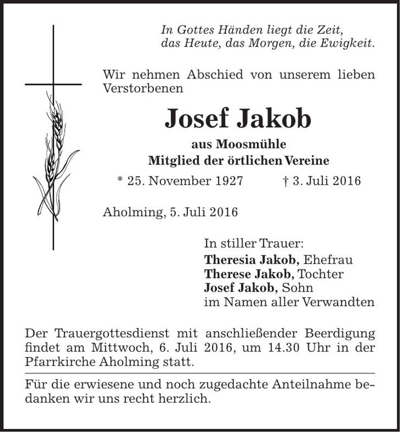 Traueranzeige Josef Jakob