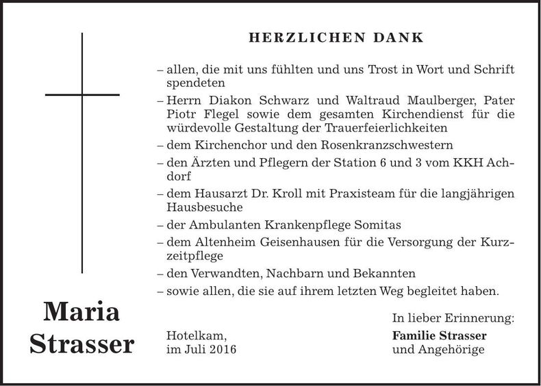 Traueranzeige Maria Strasser