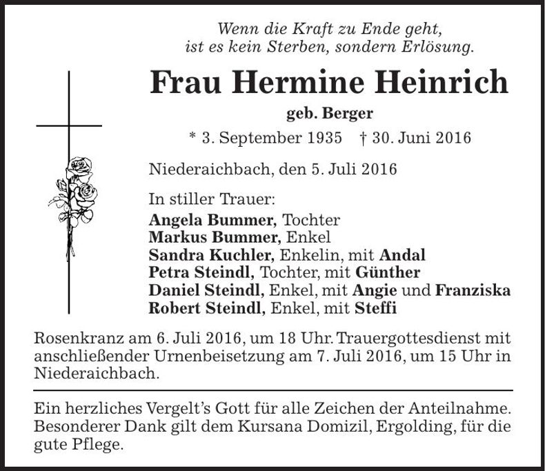Traueranzeige Hermine Heinrich