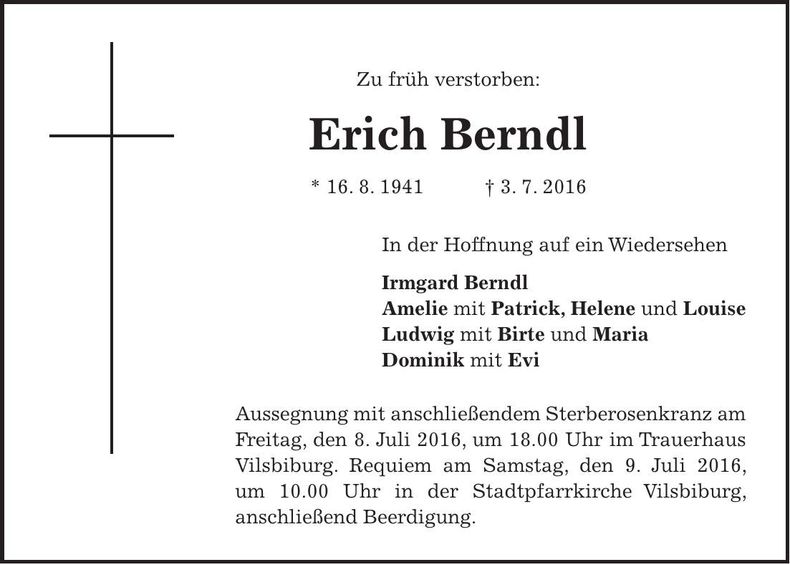 Traueranzeige Erich Berndl
