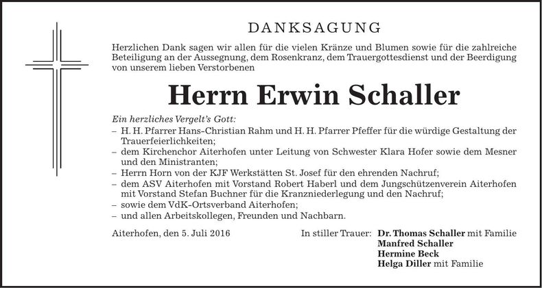 Traueranzeige Erwin Schaller