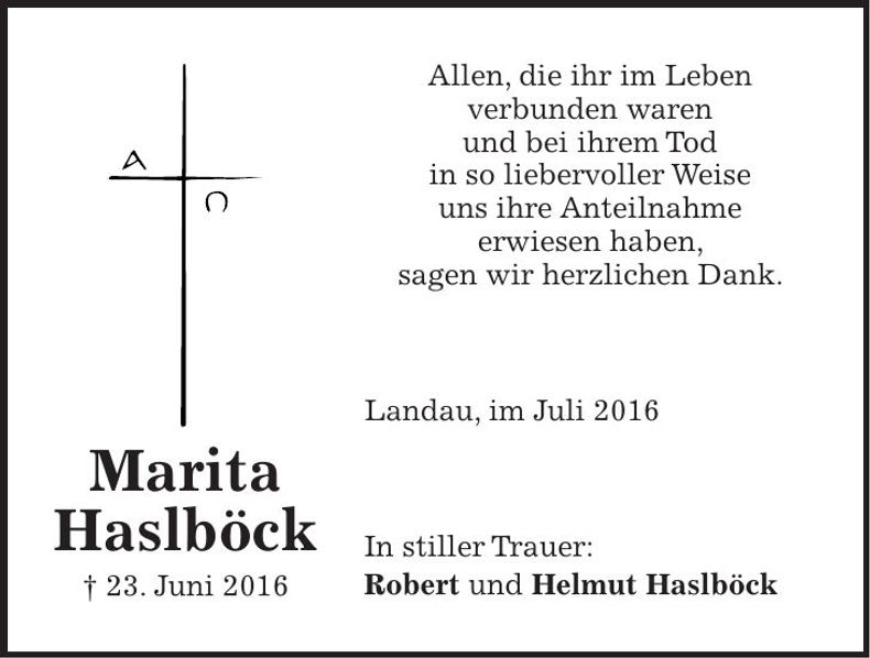 Traueranzeige Marita Haslböck