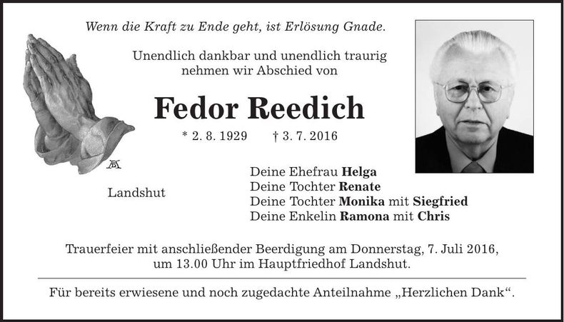 Traueranzeige Fedor Reedich