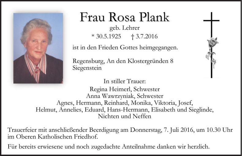 Traueranzeige Rosa Plank
