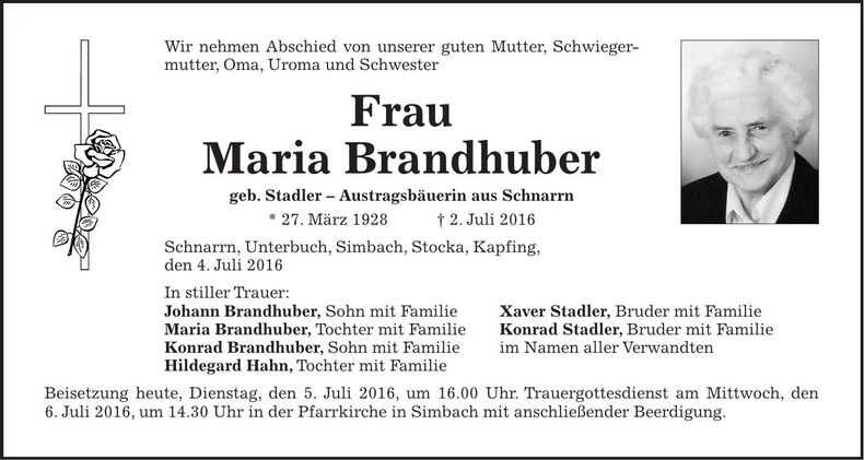 Traueranzeige Maria Brandhuber