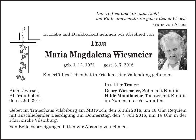 Traueranzeige Maria Magdalena Wiesmeier