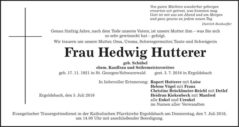 Traueranzeige Hedwig Hutterer