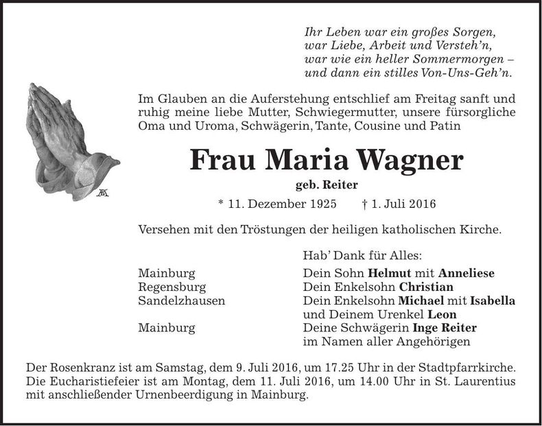 Traueranzeige Maria Wagner