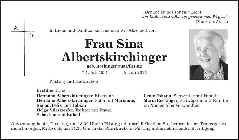 Traueranzeige Sina Albertskirchinger