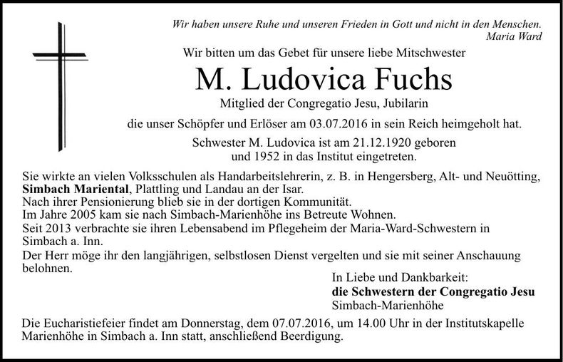 Traueranzeige M. Ludovica Fuchs