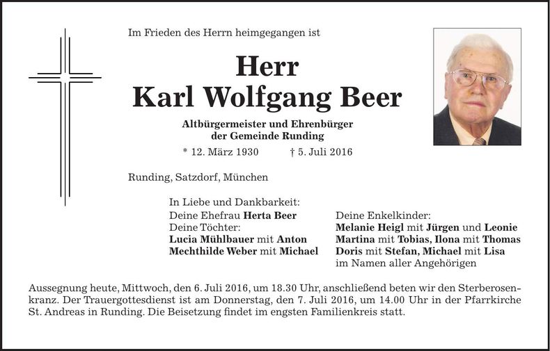 Traueranzeige Karl Wolfgang Beer