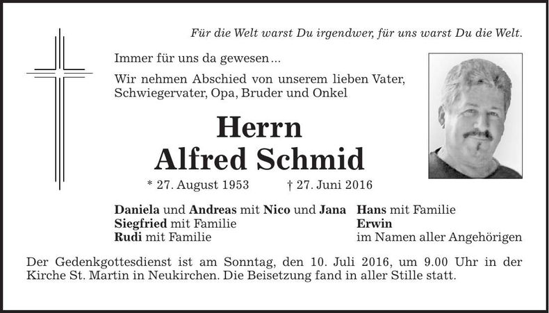 Traueranzeige Alfred Schmid