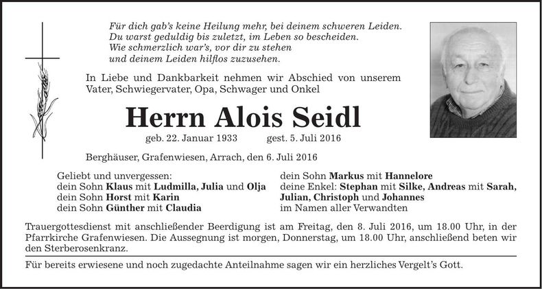 Traueranzeige Alois Seidl
