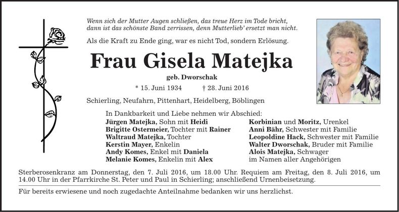 Traueranzeige Gisela Matejka