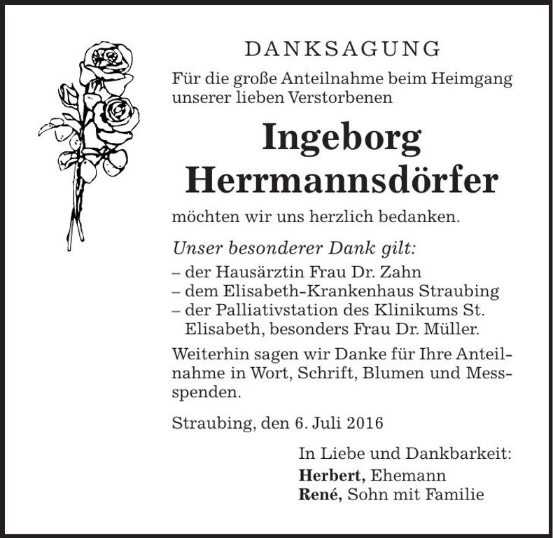 Traueranzeige Ingeborg Herrmannsdörfer