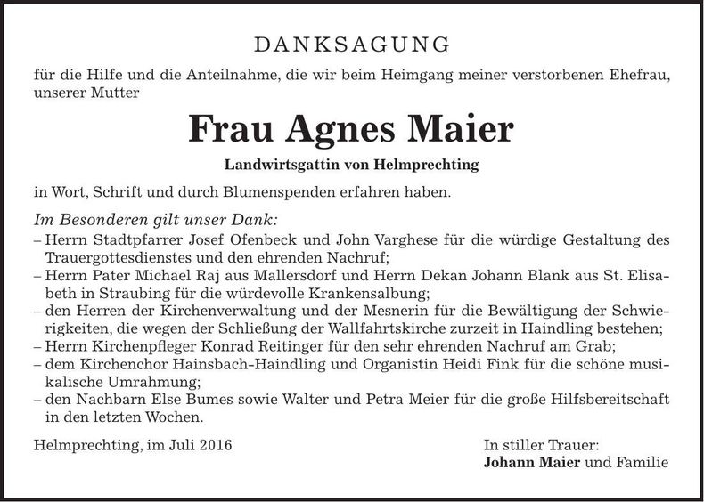 Traueranzeige Agnes Maier