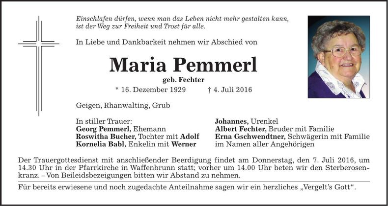 Traueranzeige Maria Pemmerl