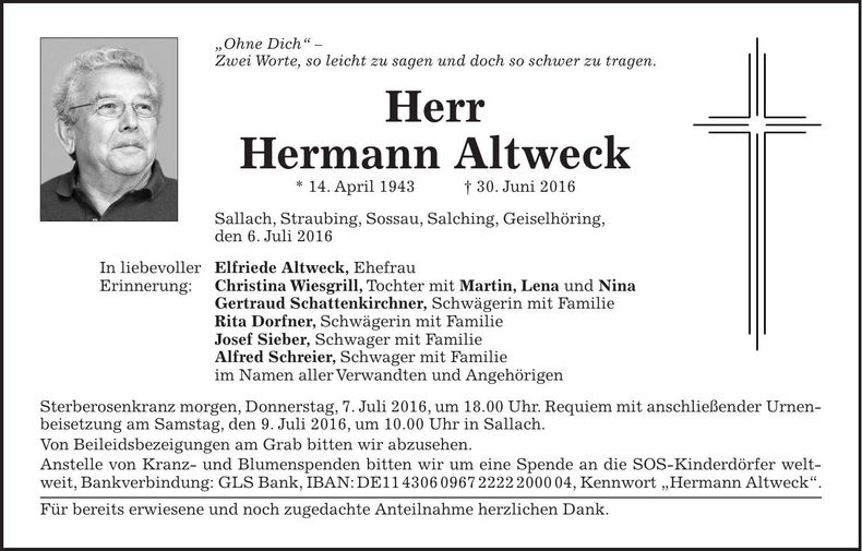 Traueranzeige Hermann Altweck