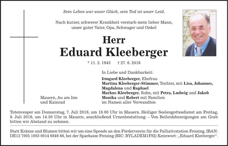 Traueranzeige Eduard Kleeberger