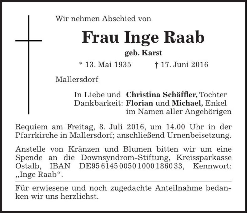 Traueranzeige Inge Raab