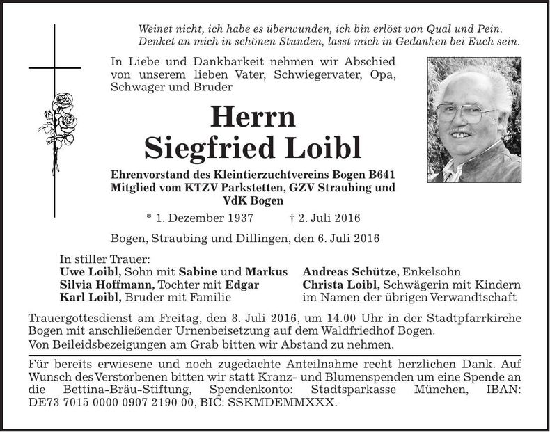 Traueranzeige Siegfried Loibl