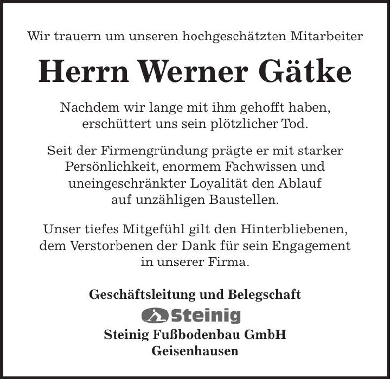 Traueranzeige Werner Gätke