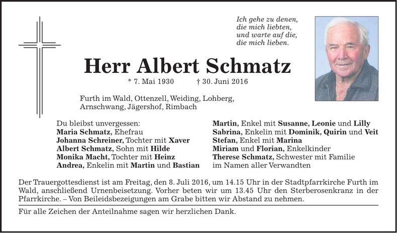 Traueranzeige Albert Schmatz