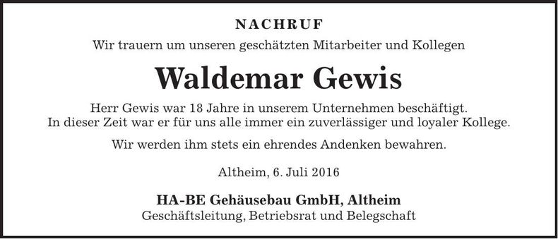 Traueranzeige Waldemar Gewis