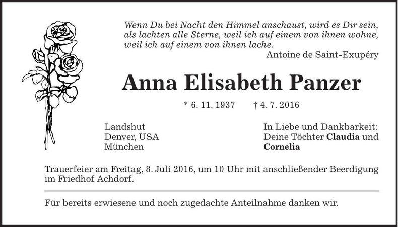 Traueranzeige Anna Elisabeth Panzer