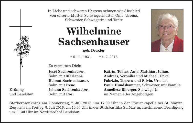 Traueranzeige Wilhelmine Sachsenhauser