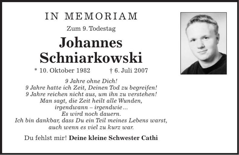 Traueranzeige Johannes Schniarkowski
