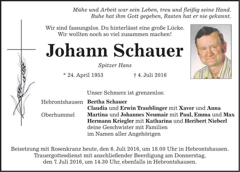 Traueranzeige Johann Schauer