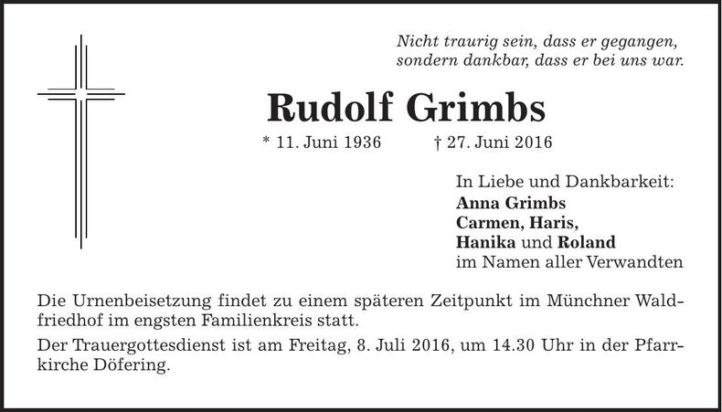 Traueranzeige Rudolf Grimbs