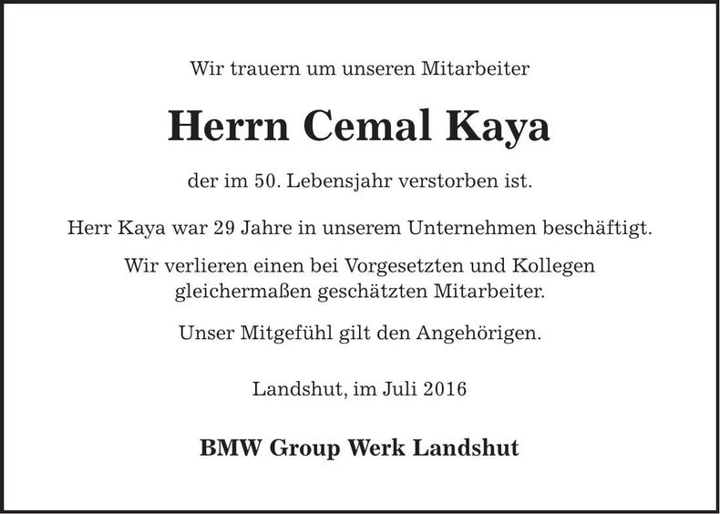 Traueranzeige Cemal Kaya