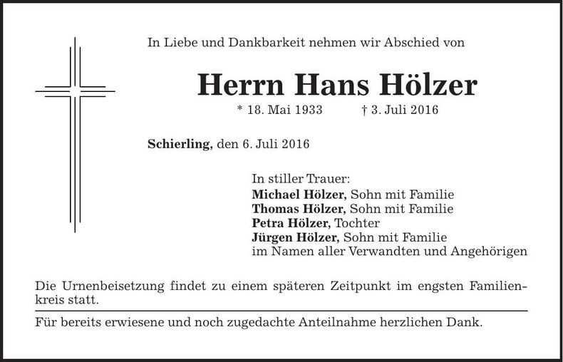 Traueranzeige Hans Hölzer